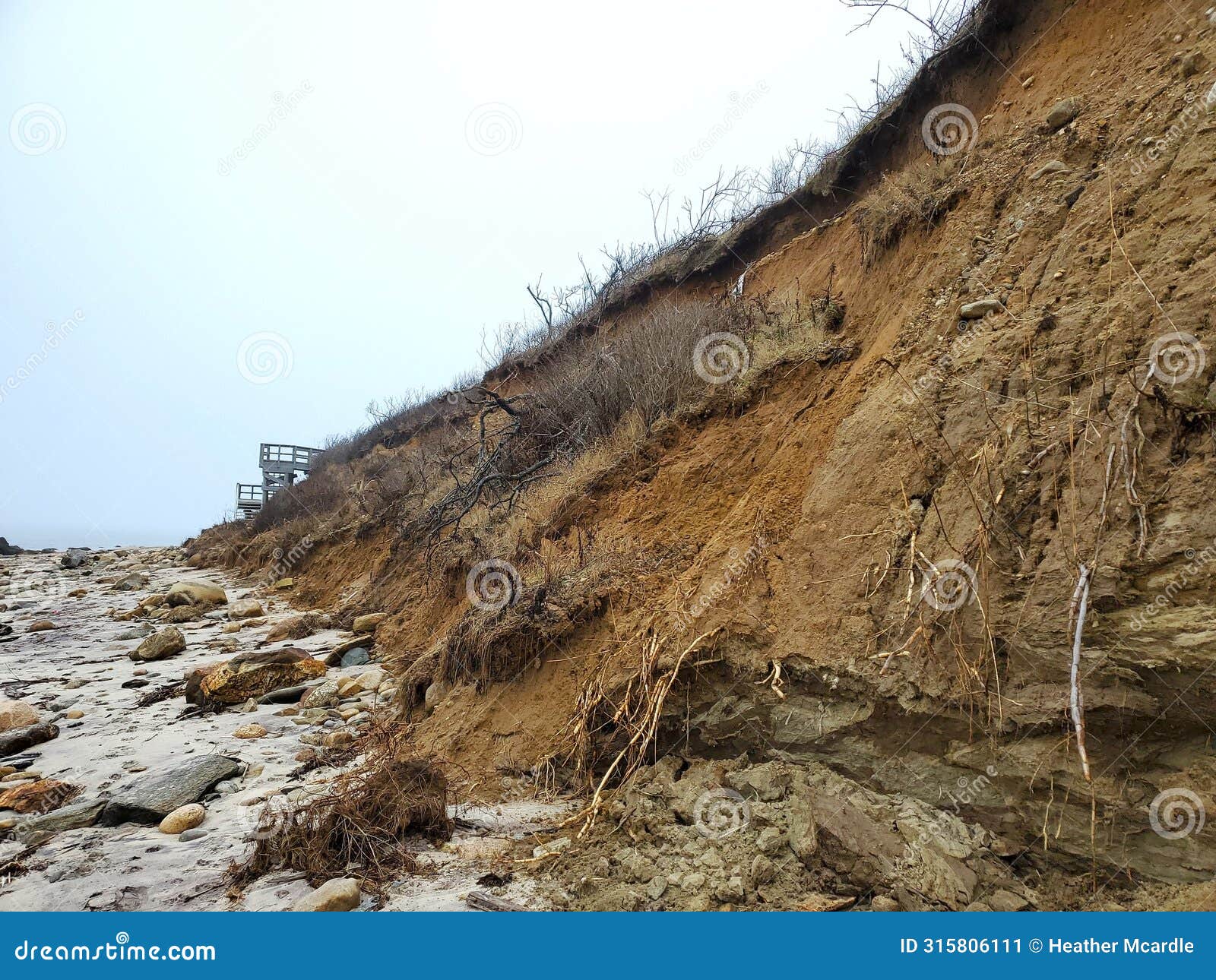active erosion along land and coastline with stairs in background