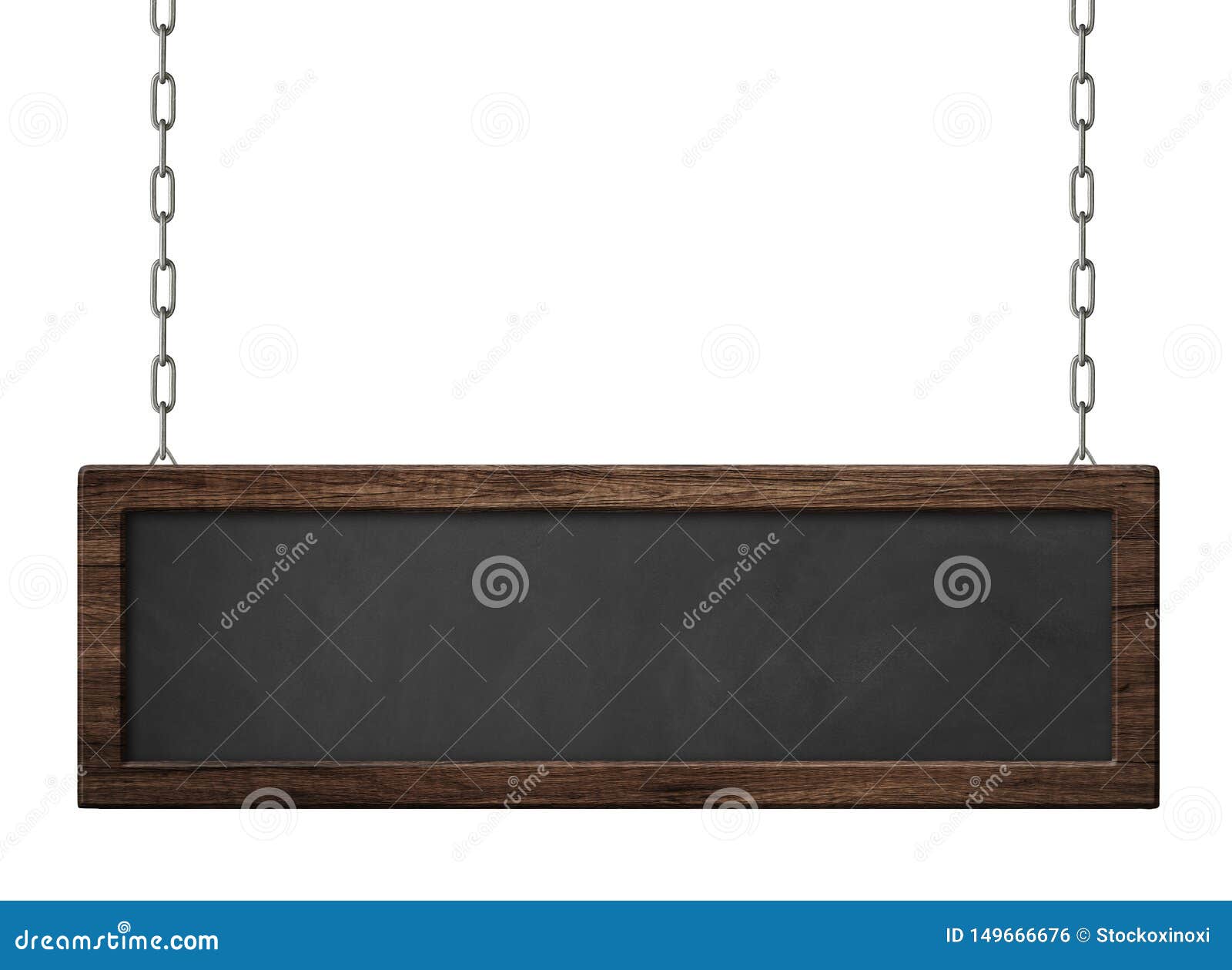 oblong blackboard with dark wooden frame hanging on chains