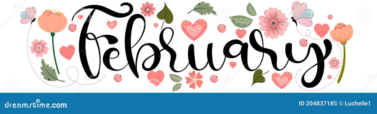 february . hello february text hand lettering with hearts of love and flowers
