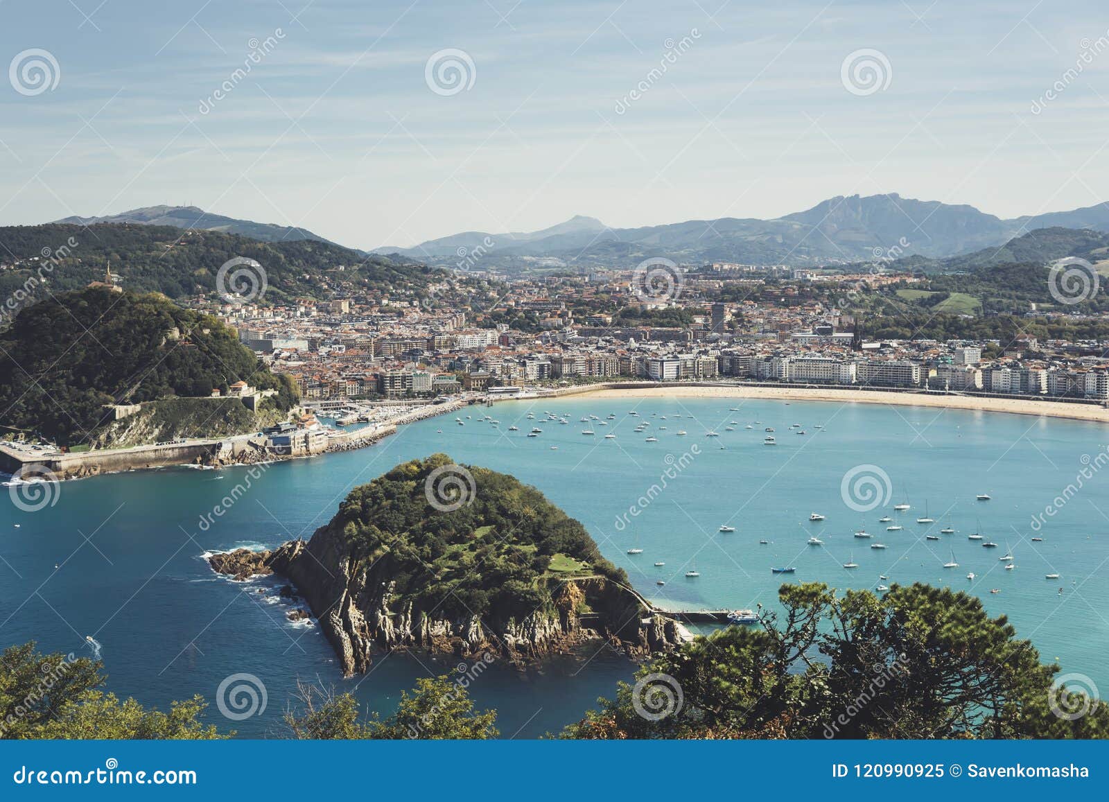 Observation Deck in Trip Holiday in San Sebastian Northern Spain Basque Country, Top View on Seascape on Mountain and Island in Oc Stock Image - Image of blue: 120990925