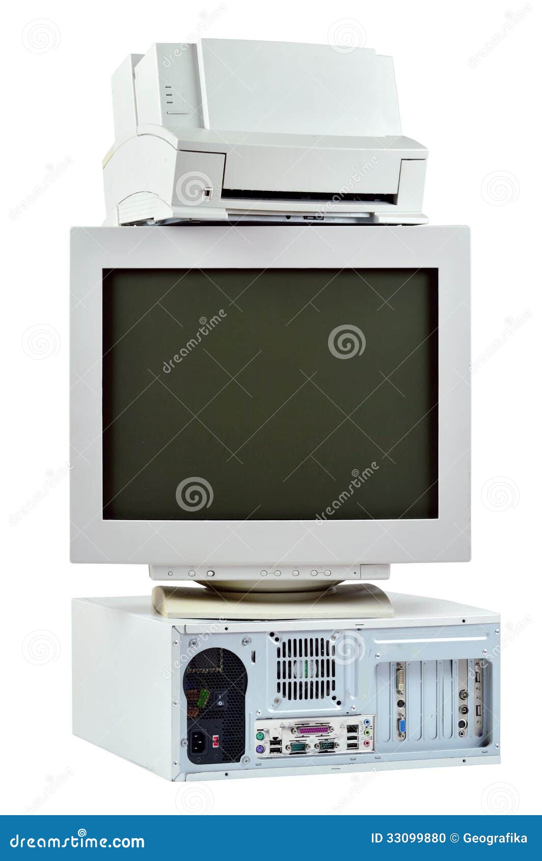 obsolete pc computer, printer and crt monitor