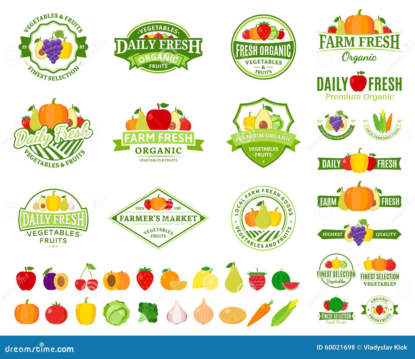 Obst Und Gemuse Logo Aufkleber Obst Und Gemuseikonen Vektor Abbildung Illustration Von Aufkleber Obst