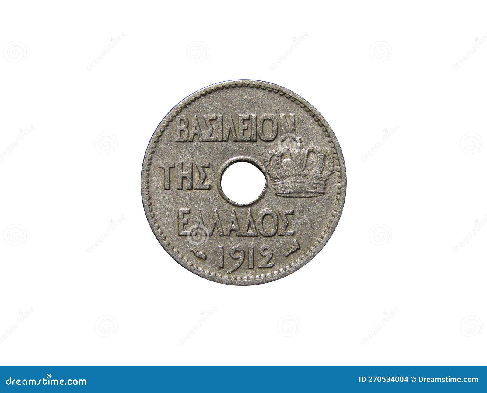 obverse of old greece coin 5 lepta 1912 with inscription meaning kingdom of greece,  in white background.
