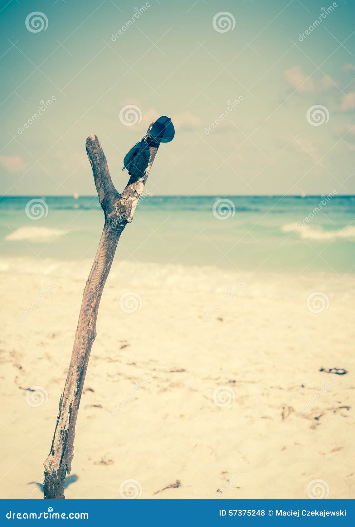 Occhiali da sole sulla posta di legno sulla spiaggia caraibica