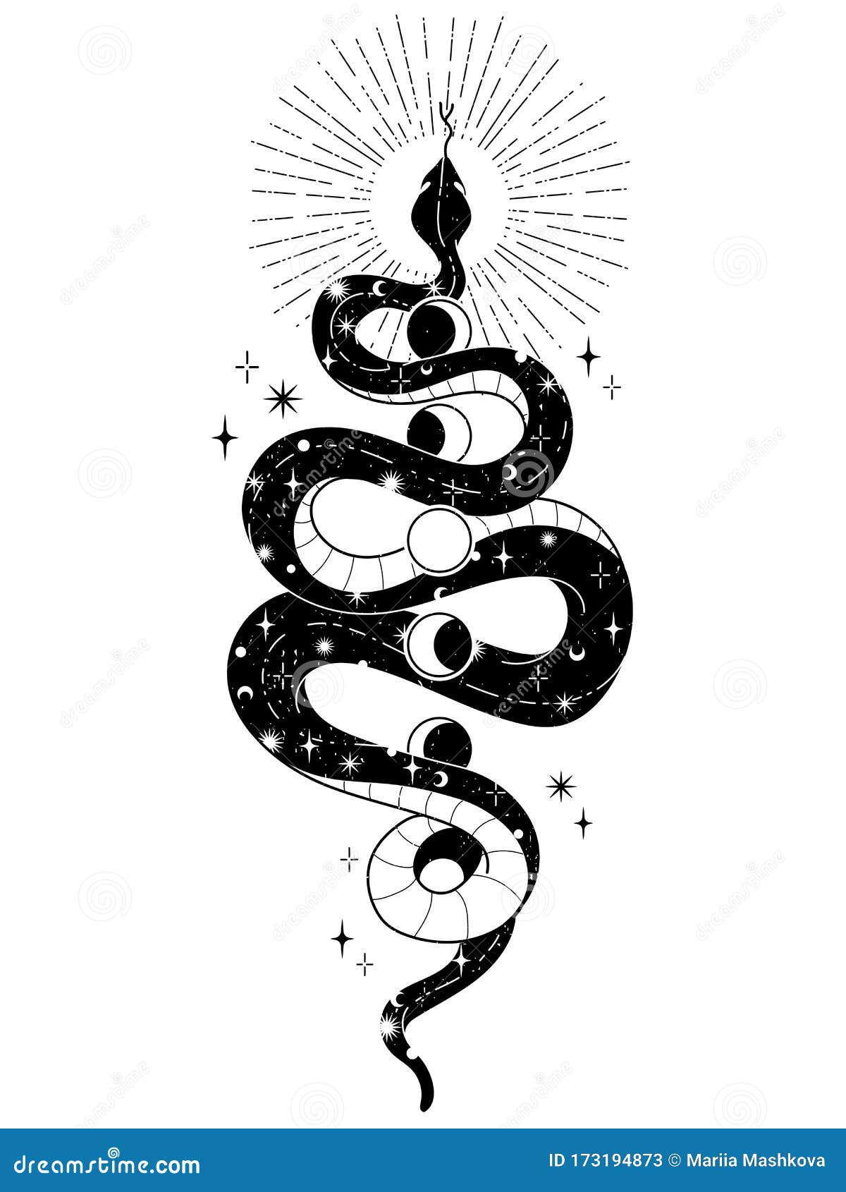 occult trendy hand drawn  with snake, moon and stars.