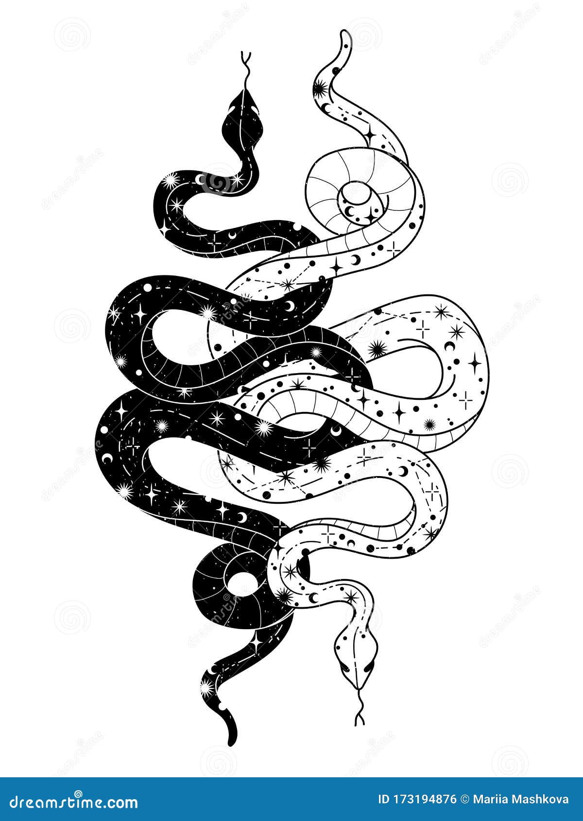 occult trendy hand drawn  with snake, moon and stars.