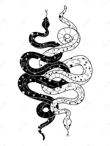 Occult Trendy Hand Drawn Illustration with Snake, Moon and Stars. Stock ...