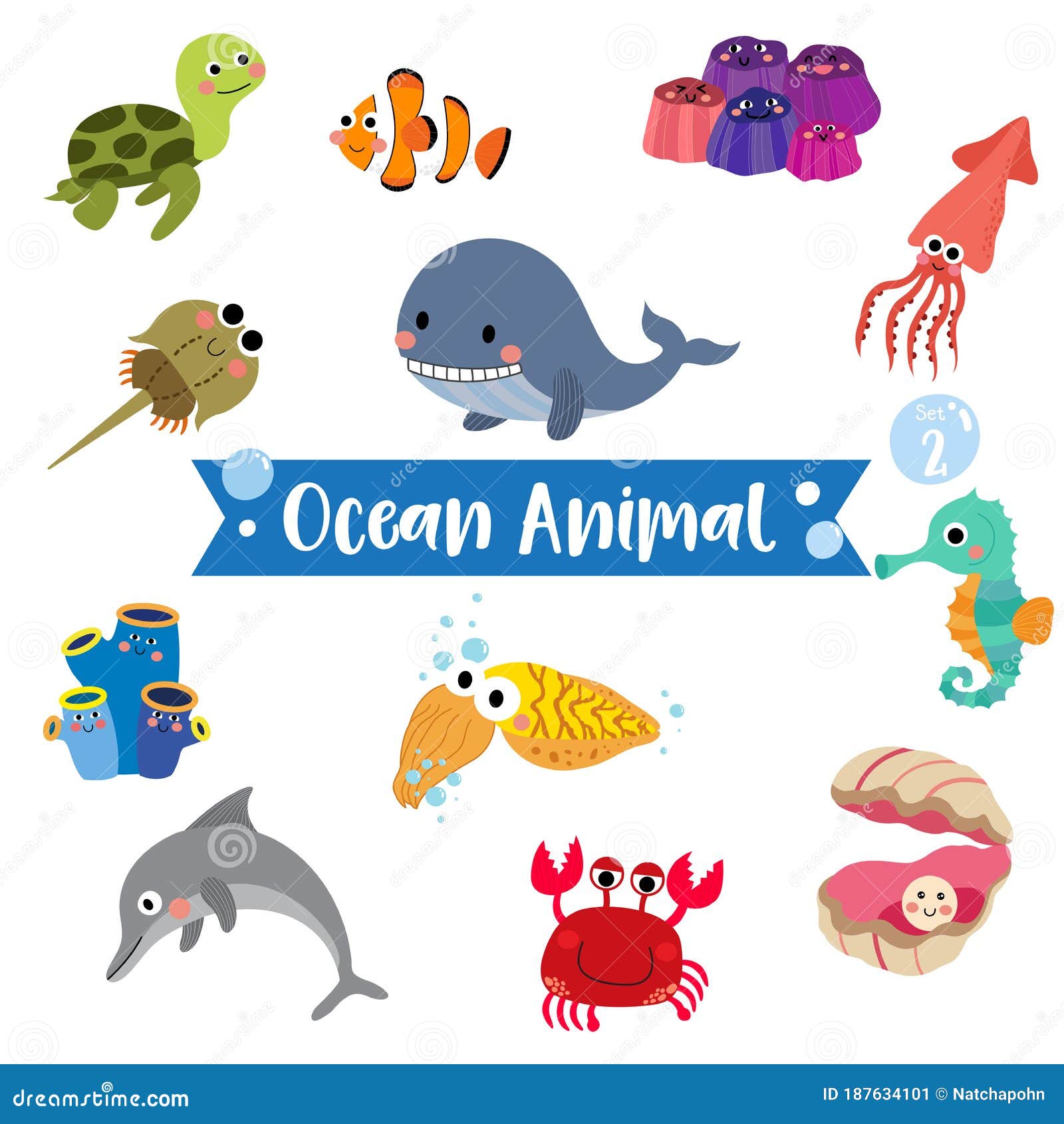 Ocean Animal Cartoon on White Background. Vector Illustration Stock Vector  - Illustration of child, animal: 187634101