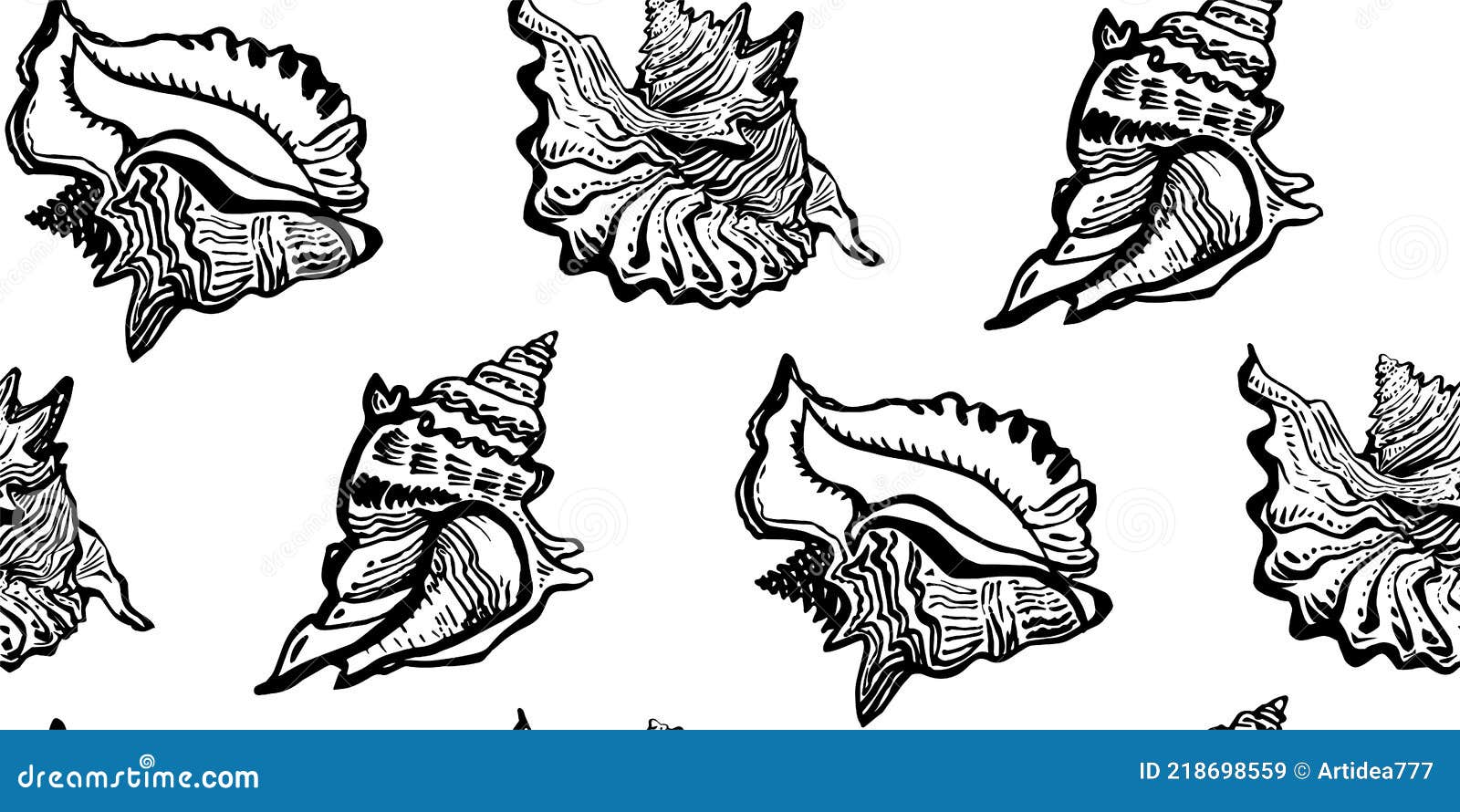Ocean shell, seashell wild line freehand style black ink seamless pattern. Ocean black and white seashell of wild line freehand style black ink seamless pattern. Amazing inhabitant of the seabed, cockleshell for clothes fabric, bedding, textile, package, wallpaper.
