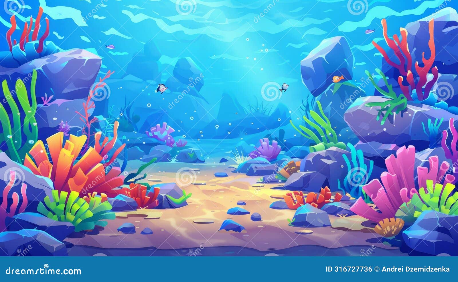 ocean bottom landscape with stones, corals, seaweed, tropical animals, and plants on the seafloor. modern cartoon