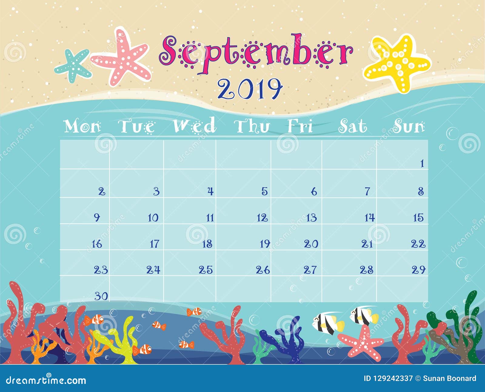 the ocean calendar of september 2019 stock illustration theme calendar