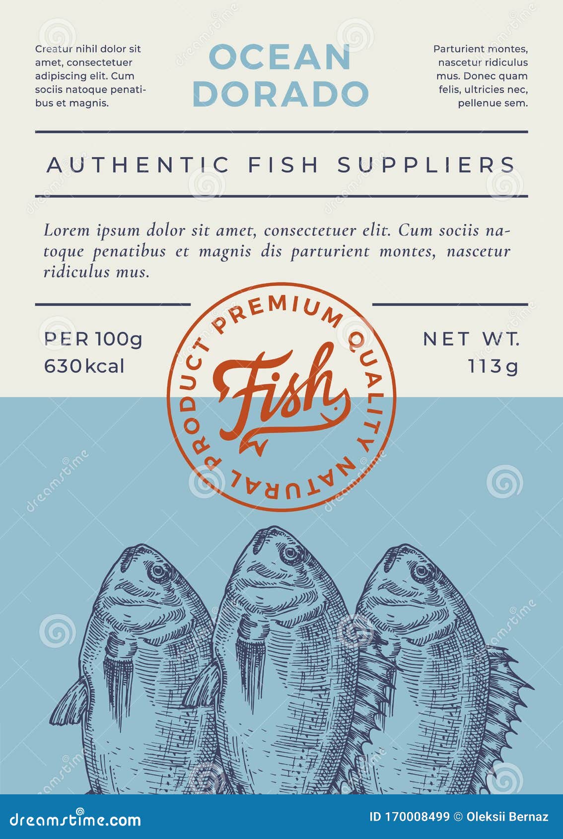 ocean fish abstract  packaging  or label. modern typography banner, hand drawn dorado or dorada silhouette