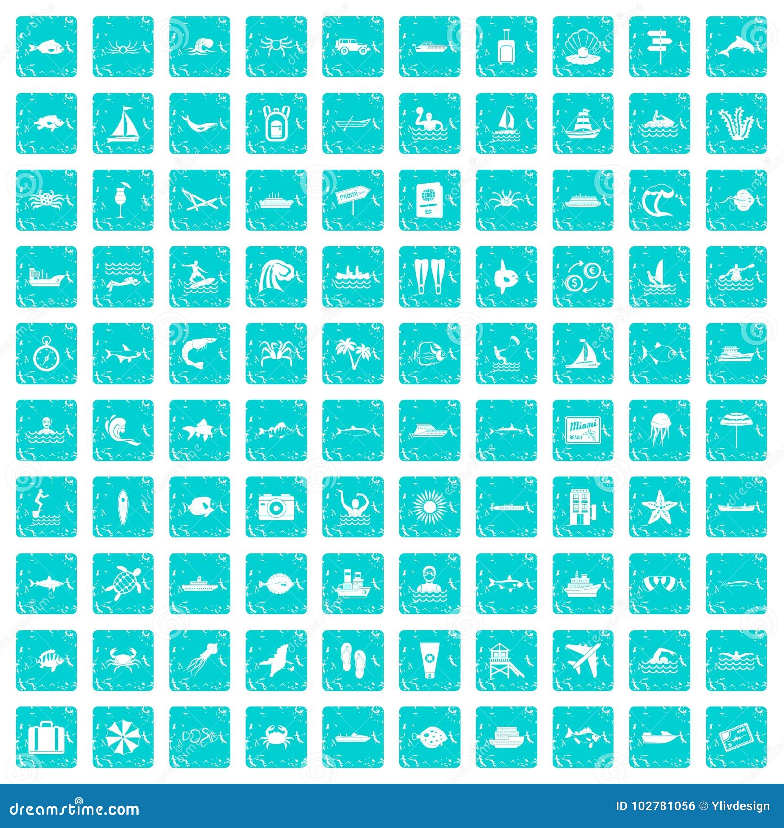 100 Ocean Icons Set Grunge Blue Stock Vector - Illustration of fish ...