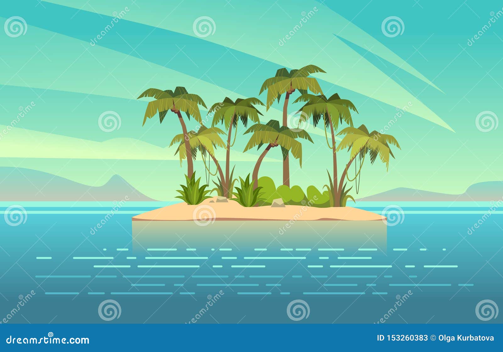 ocean island cartoon. tropical island with palm trees summer landscape. sand beach and sun in blue sky. travel vacation