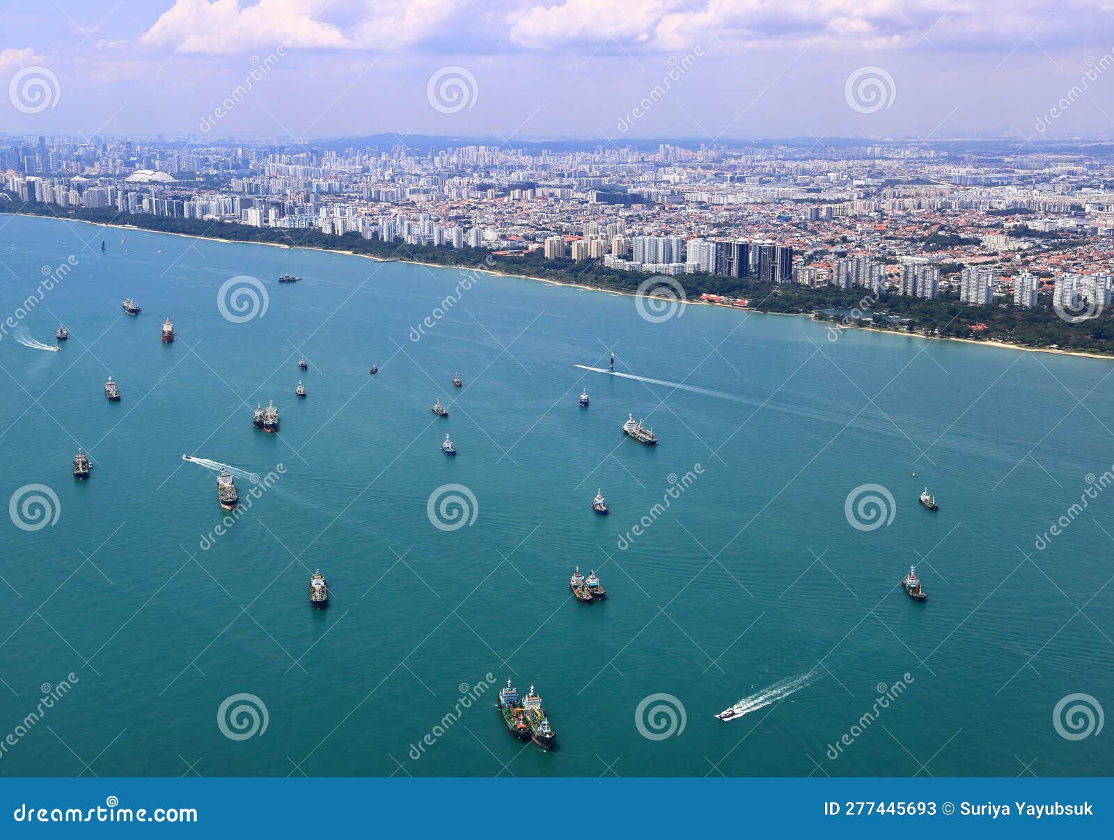 ocean liner, tanker and cargo ship in singapore strait and singapore city.