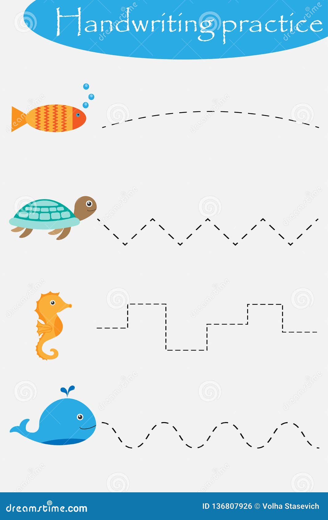 ocean and sea animals wheel fish turtle seahorse handwriting practice sheet kids preschool activity educational children stock illustration illustration of activity play 136807926