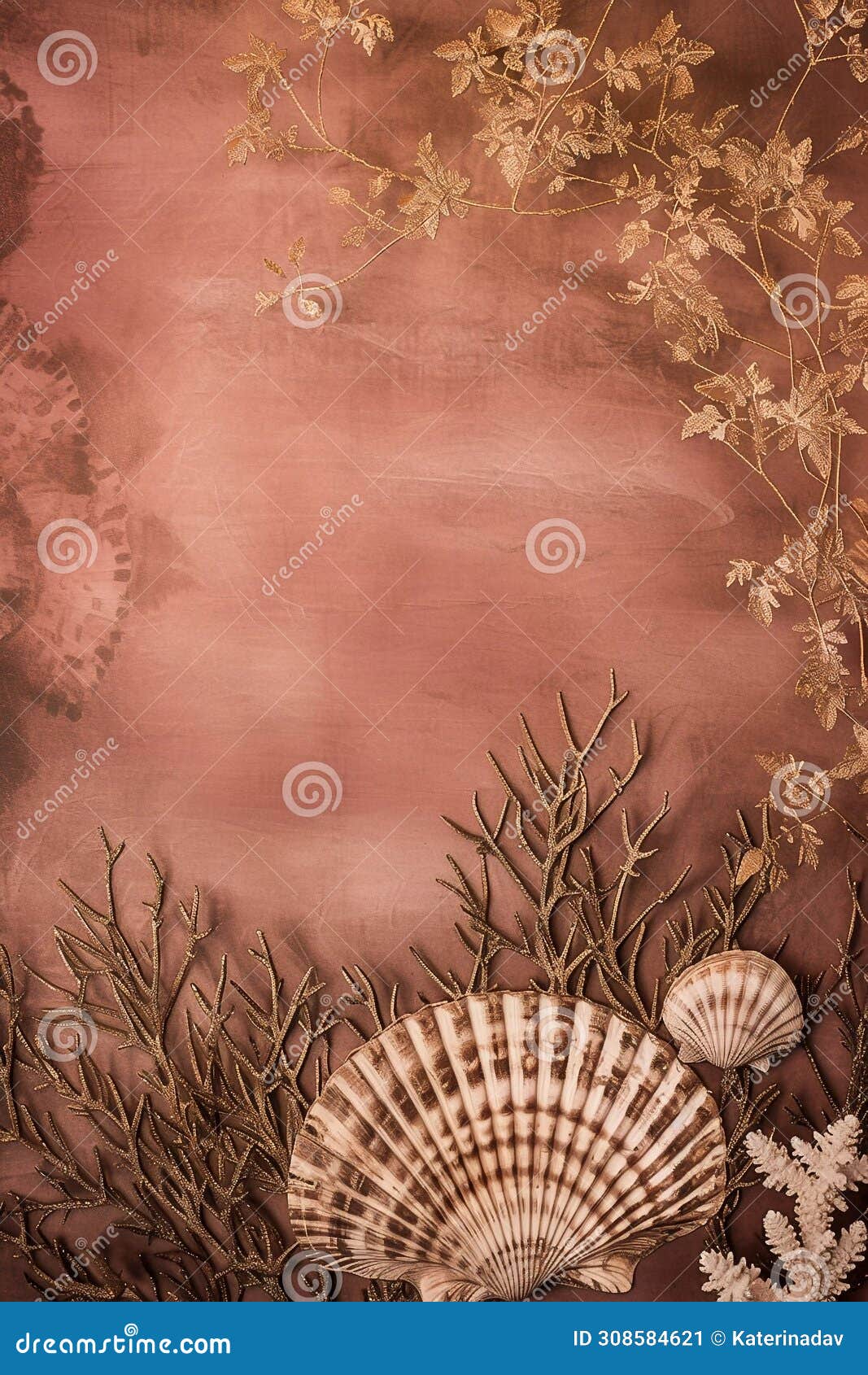 ocean theme brown background, vertical natura backdrop with blank space, grunge texture, tropical sea shells, copy space