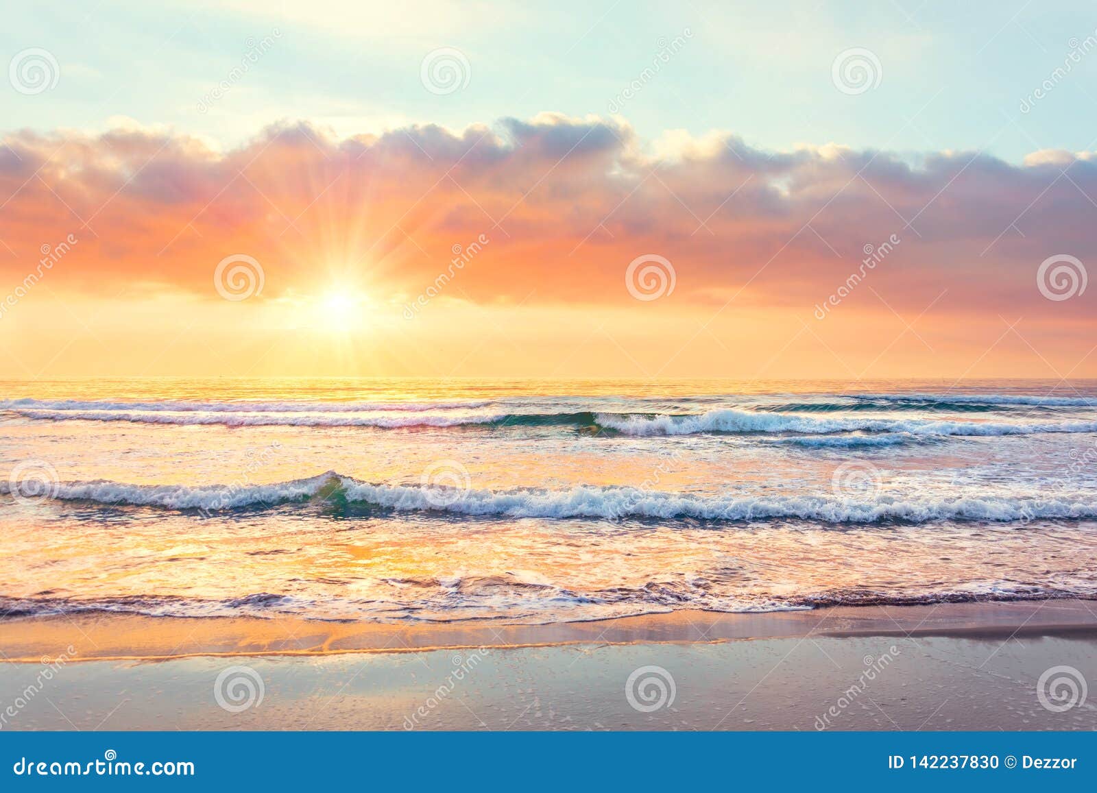 Ocean Wave on the Beach at Sunset Time, Sun Rays Stock Photo Image of coastline, sunrise