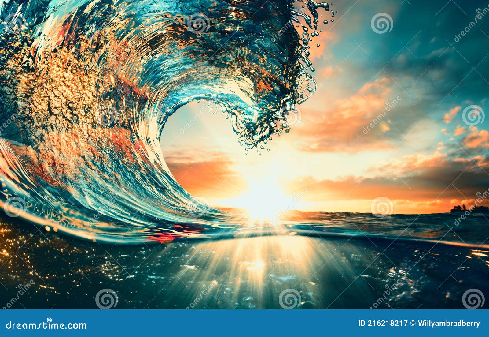 sunset ocean surfing wave lip against sunlight