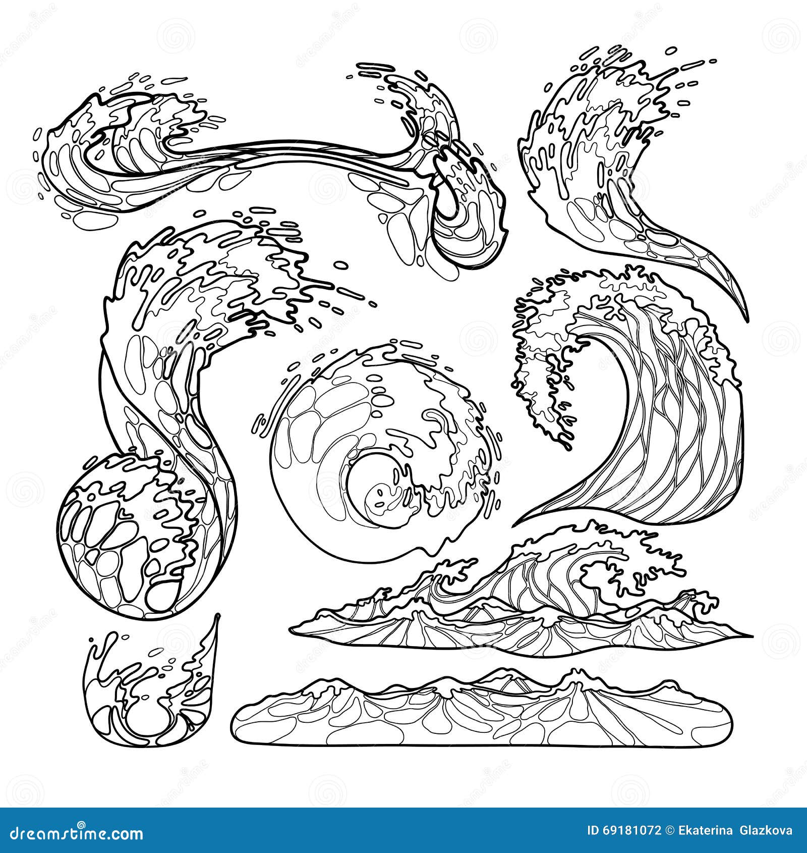 Ocean waves collection. Ocean storm waves collection drawn in line art style. Tsunami. Vector marine elements isolated on white background. Coloring book page design