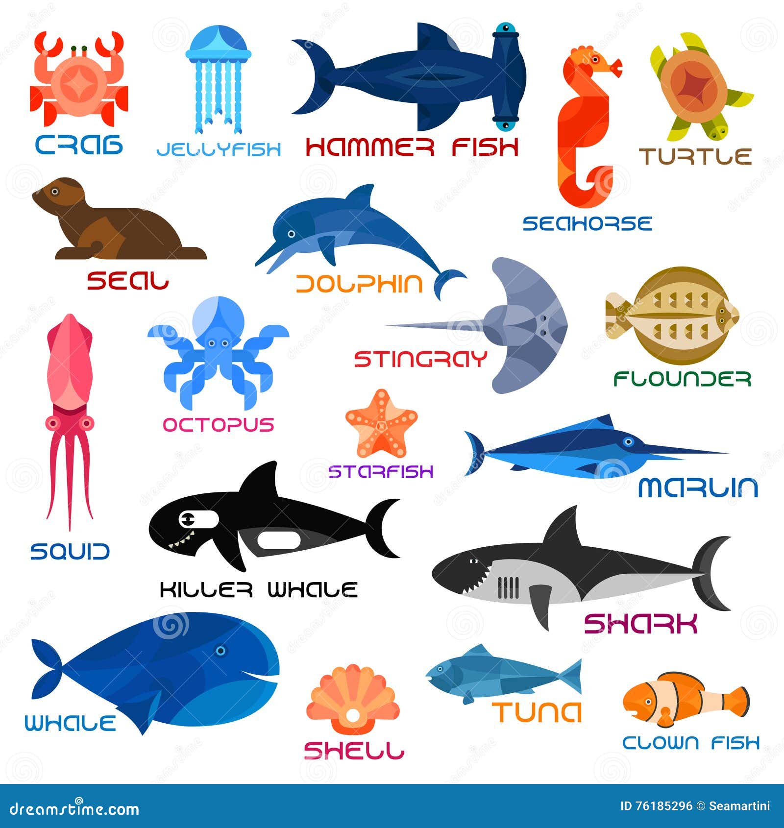 Oceanarium Ocean Animals And Fishes With Names Stock Vector Illustration Of Shell Marine 76185296