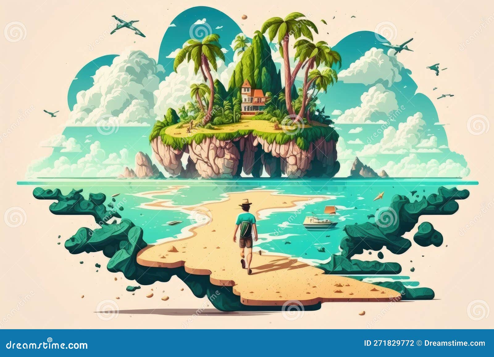 An Oceanic Island Where People Can Go on Vacation in the Summer Stock Illustration