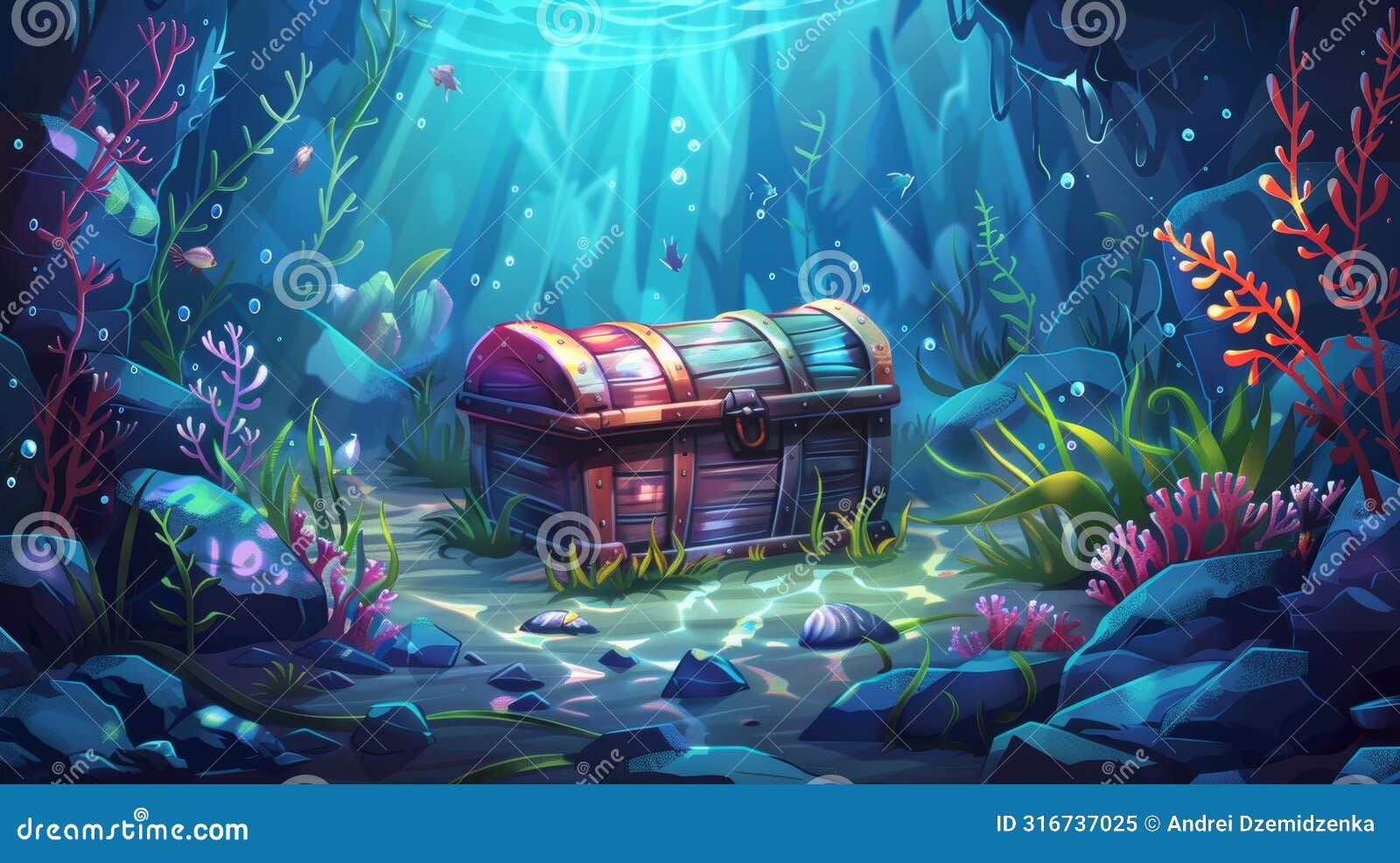 oceanic wildlife painting, showing a bottom seafloor scene with treasure chest. cartoon background of the ocean