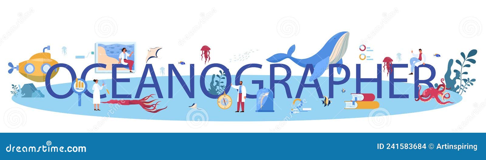 oceanographer typographic header. oceanology scientist. practical studying