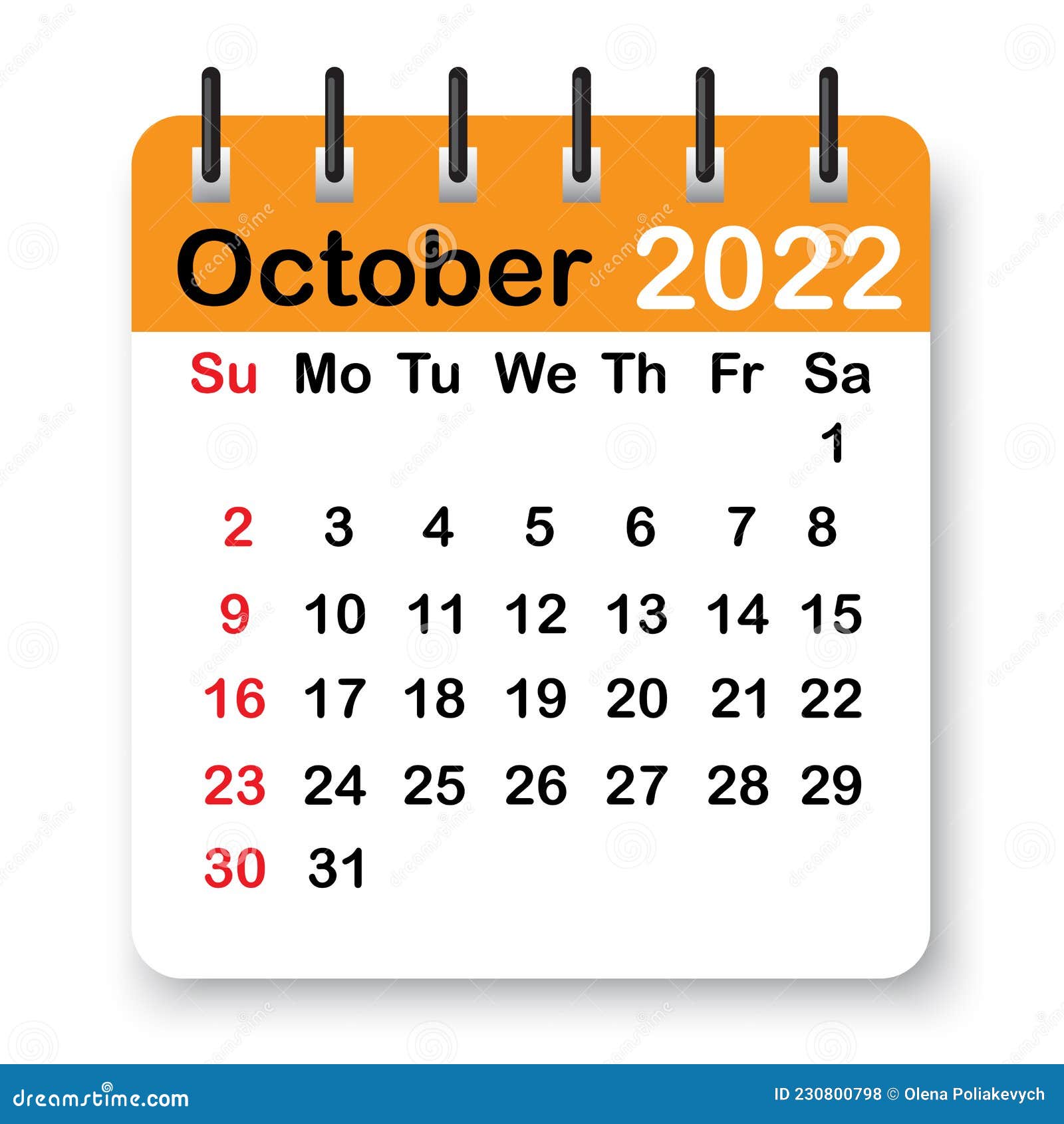 October 27 2022 Calendar October 2022 Calendar. Orange Page On Spiral. Simple Diary Design. Office  Template. Vector Illustration. Stock Image. Stock Vector - Illustration Of  White, Background: 230800798