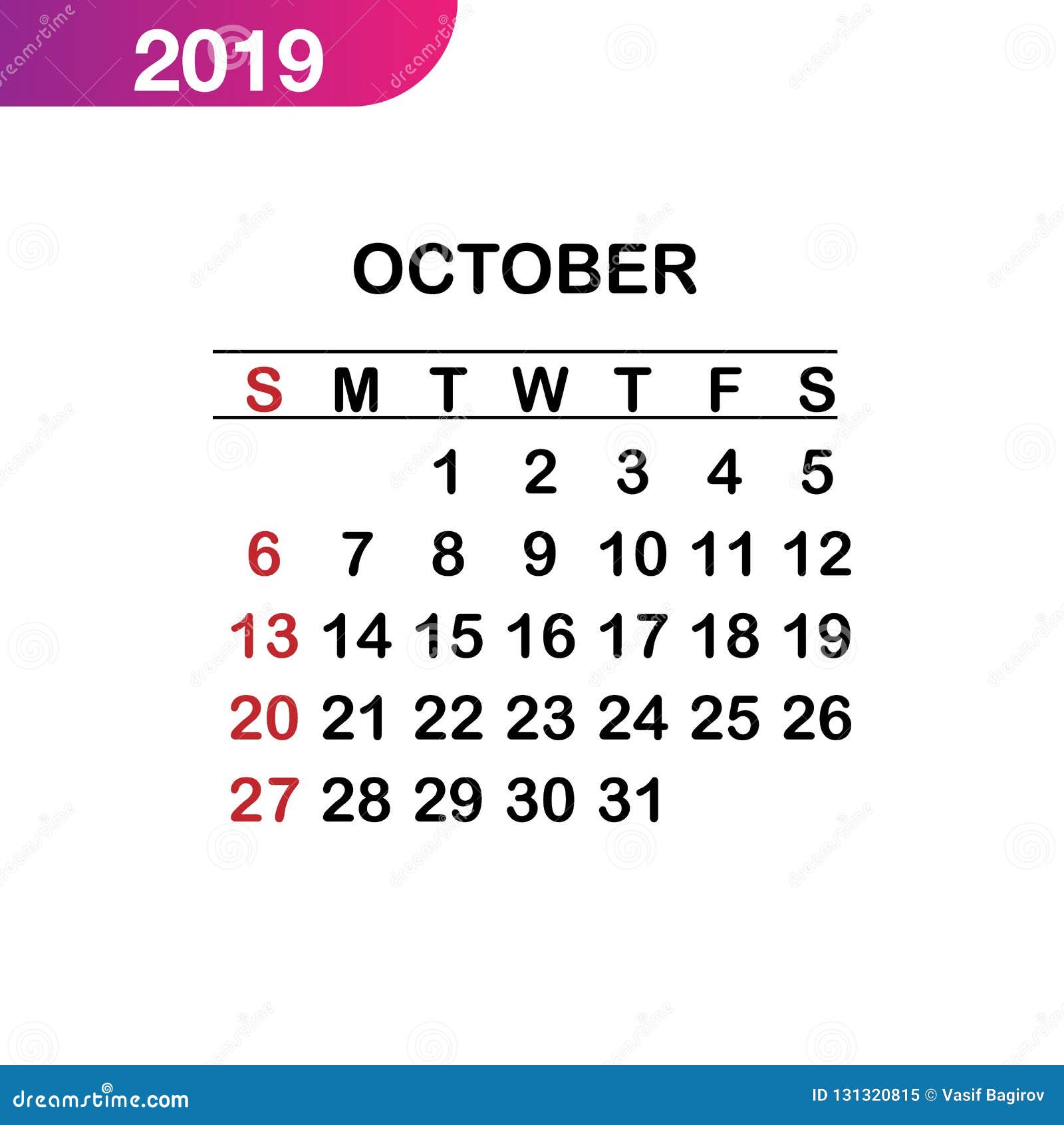 October Calendar 2019, Week Starts from Sunday, Business Template Stock ...