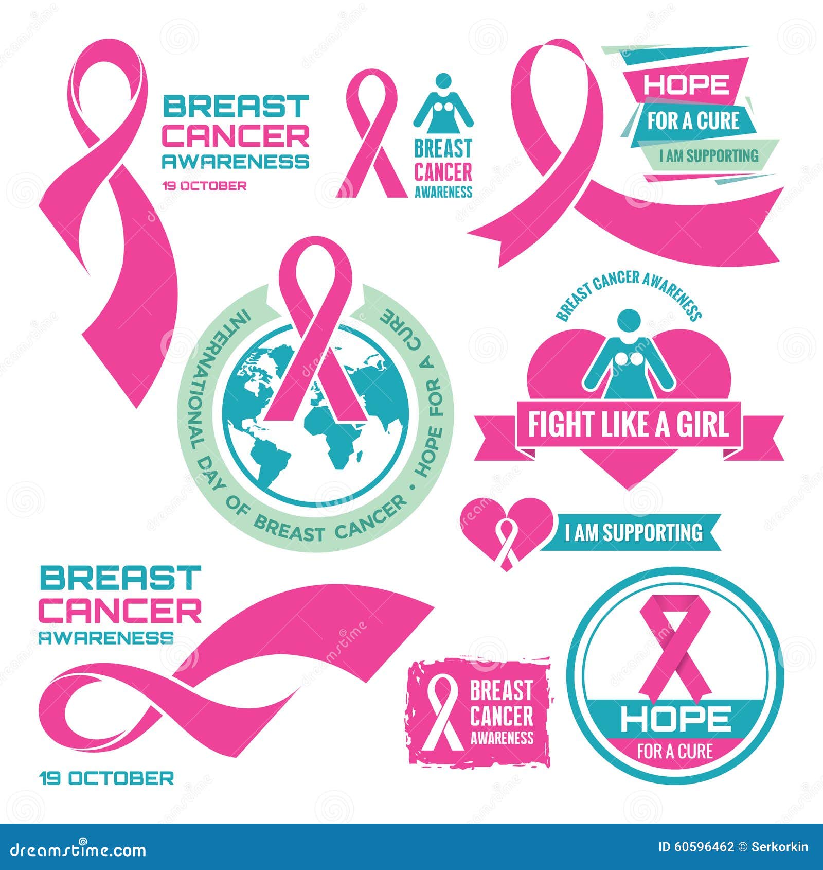 19 october - international day of breast cancer - creative  badges set. breast cancer awareness. hope for a cure.