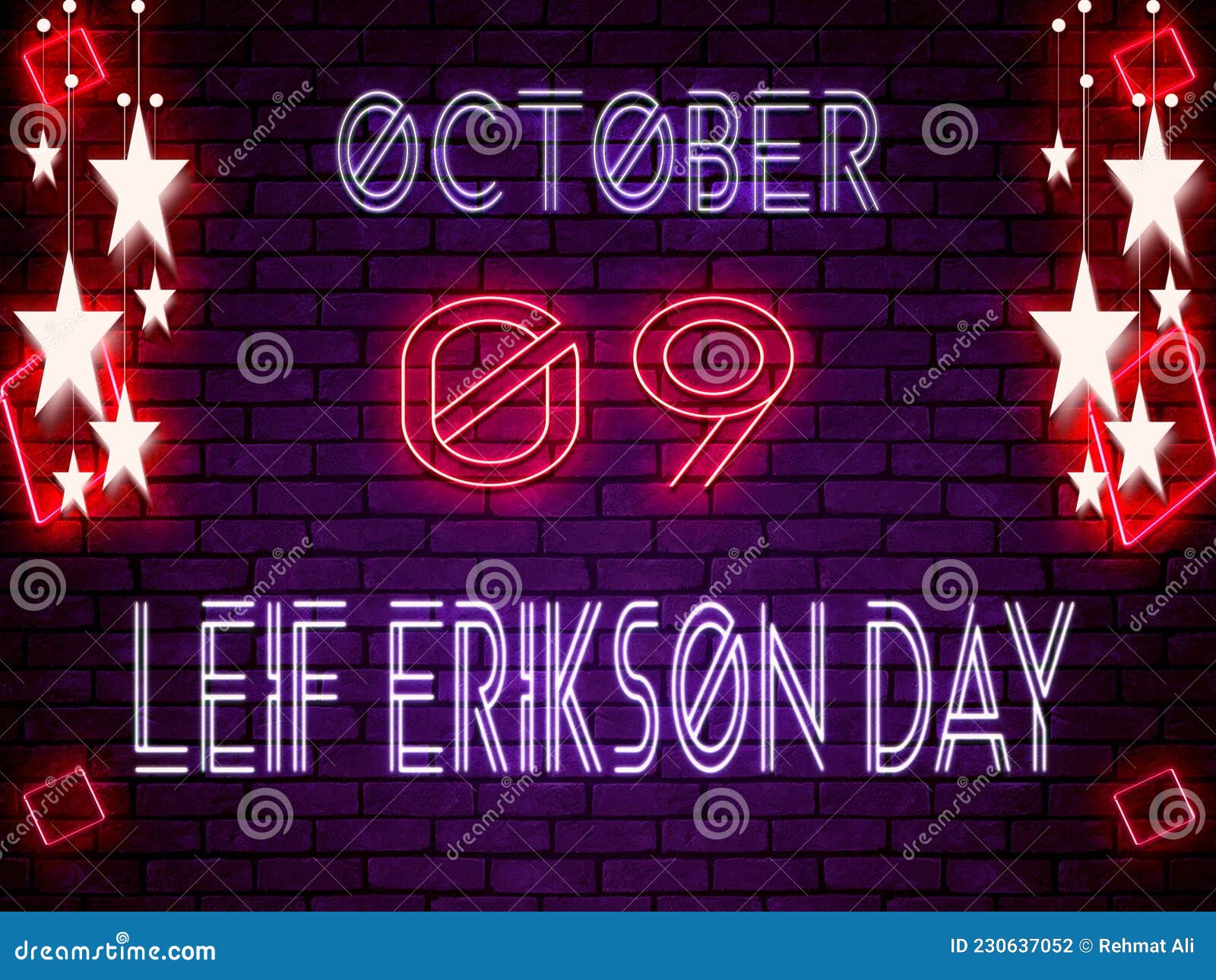 09 october, leif erikson day, neon text effect on bricks background