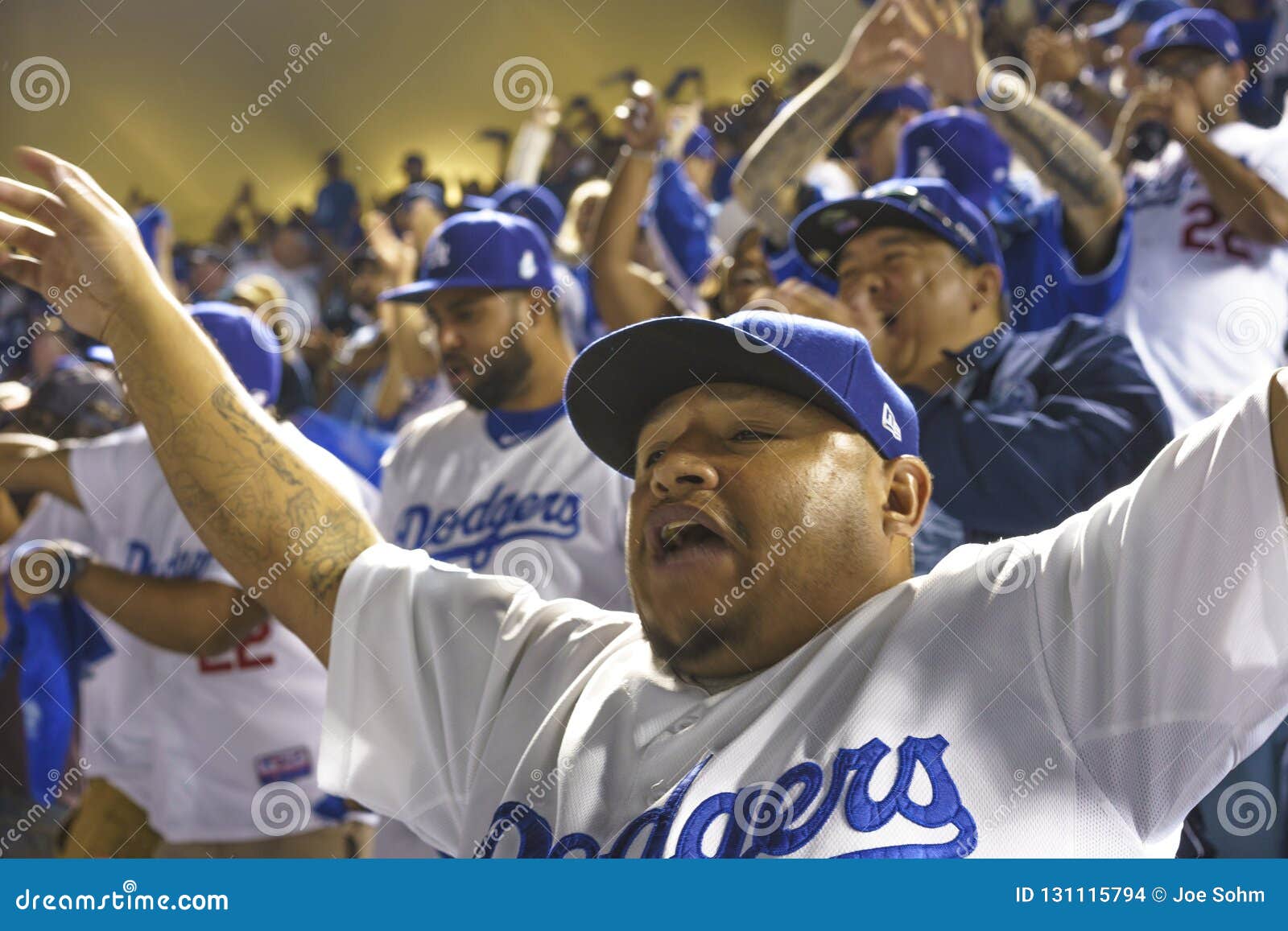 OCTOBER 26, 2018 - LOS ANGELES, CALIFORNIA, USA - DODGER STADIUM Fans Celebrate As LA Dodgers Defeat Boston Red Sox 3-2 in Game 3 Editorial Stock Image