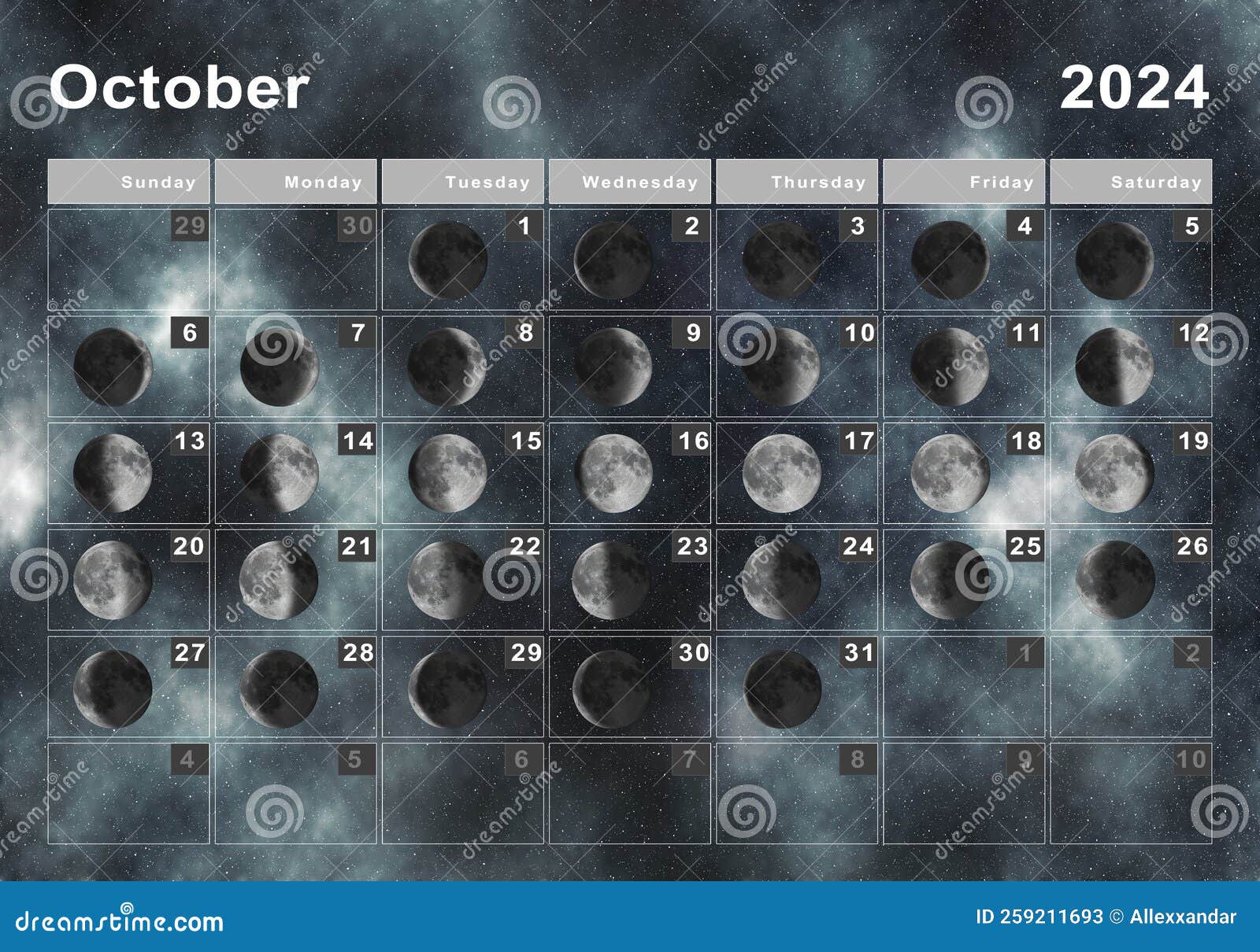 October 2024 Lunar Calendar, Moon Cycles Stock Illustration