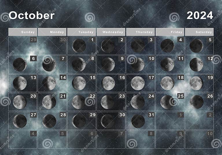 October 2024 Lunar Calendar, Moon Cycles Stock Illustration