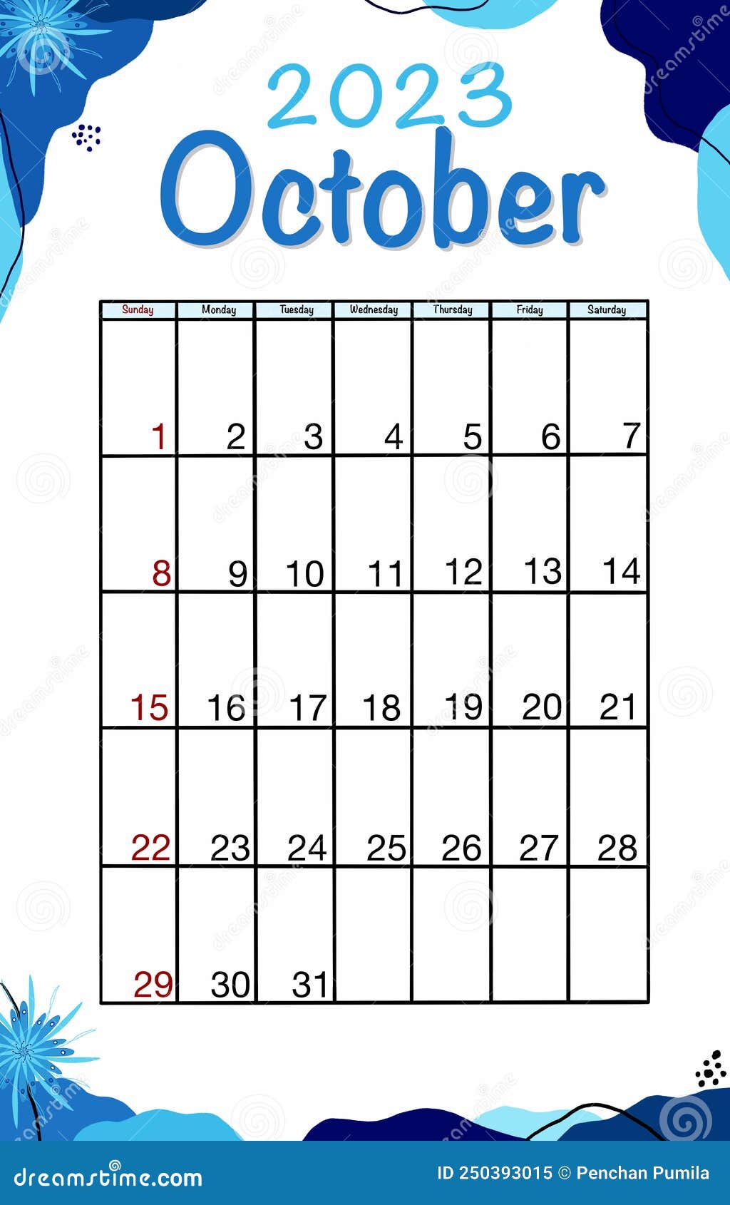 October. Planner 2023 Year. English Vector Vertical Calendar Template