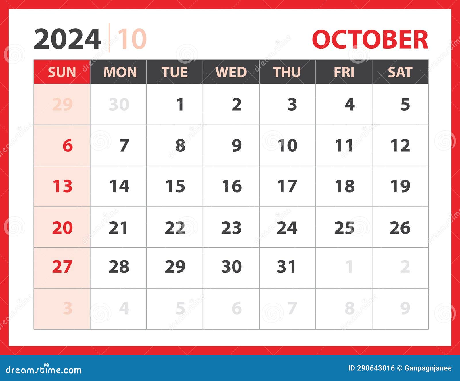 October 2024 Template, Calendar 2024 Design Vector, Planner Layout