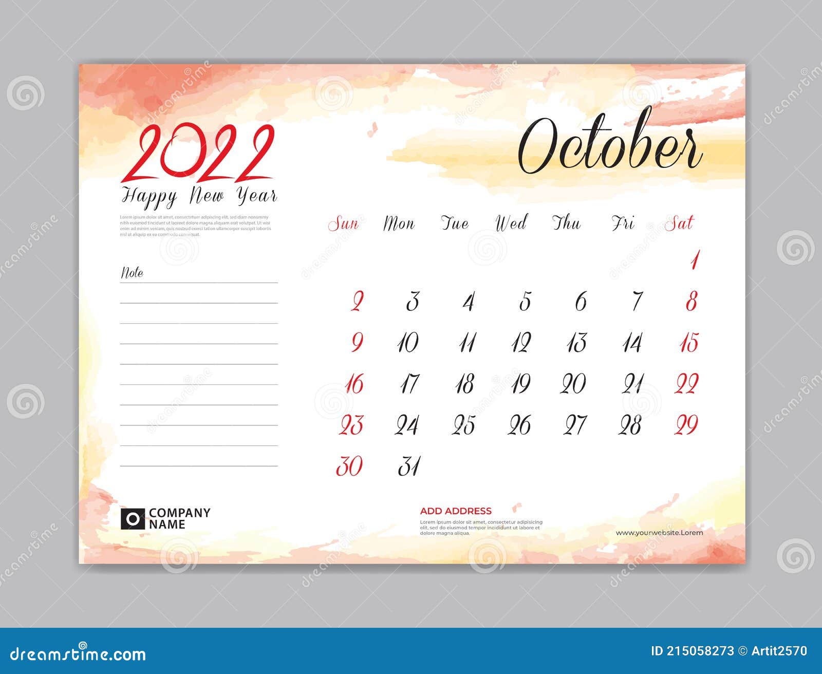 Calendar 2022 Template, Desk Calendar 2022 Template, October Month Design, Week Start On Sunday, Wall Calendar, Planner, Printing Stock Vector - Illustration Of Calendar, Diary: 215058273