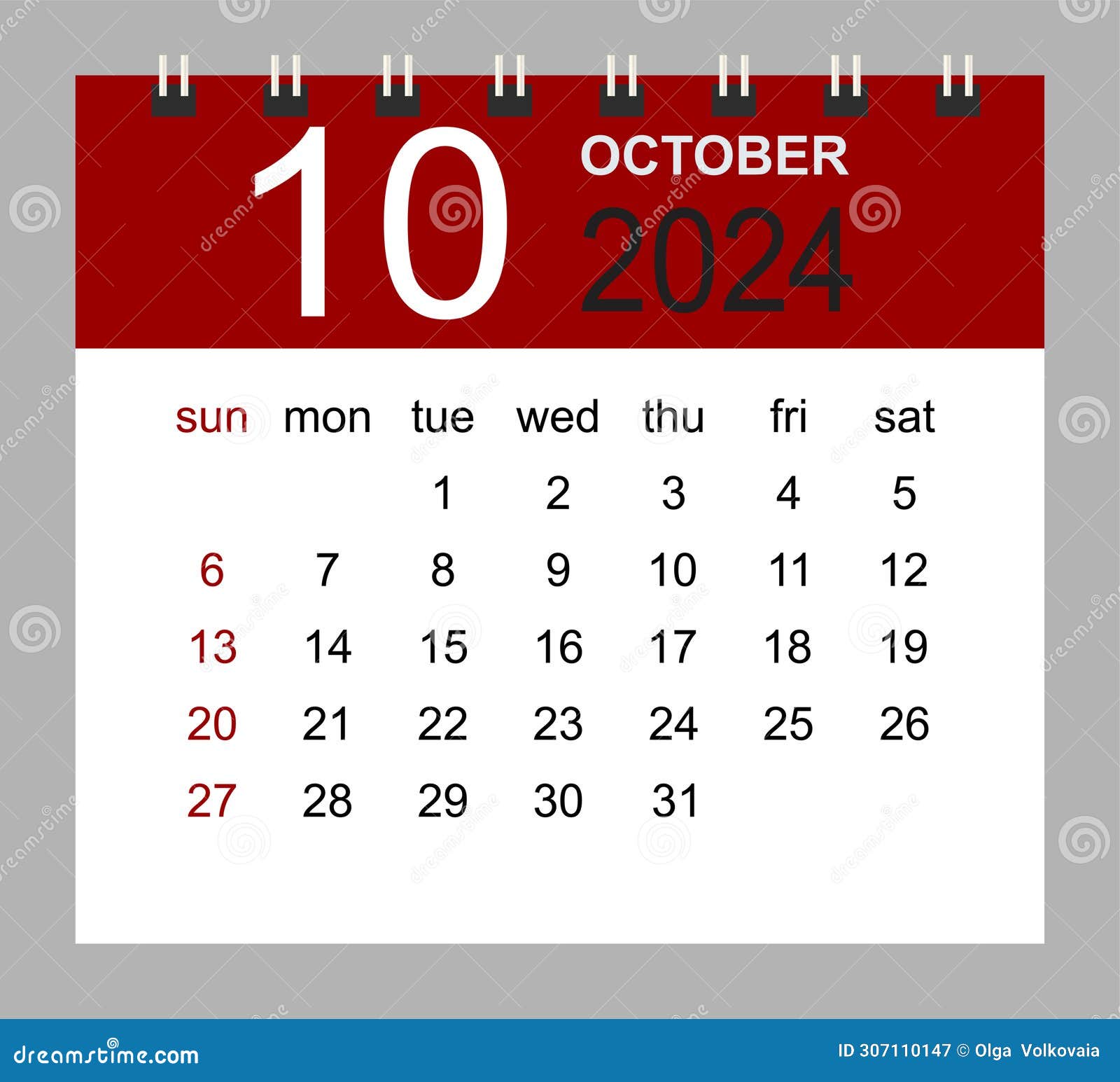 October 2024. Vector Monthly Calendar Template 2024 Year in Simple
