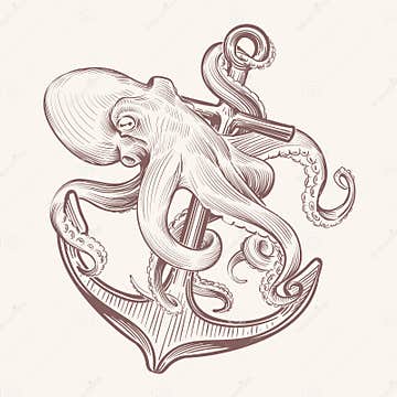 Octopus with Anchor. Sketch Sea Kraken Squid Holding Ship Anchor Stock ...