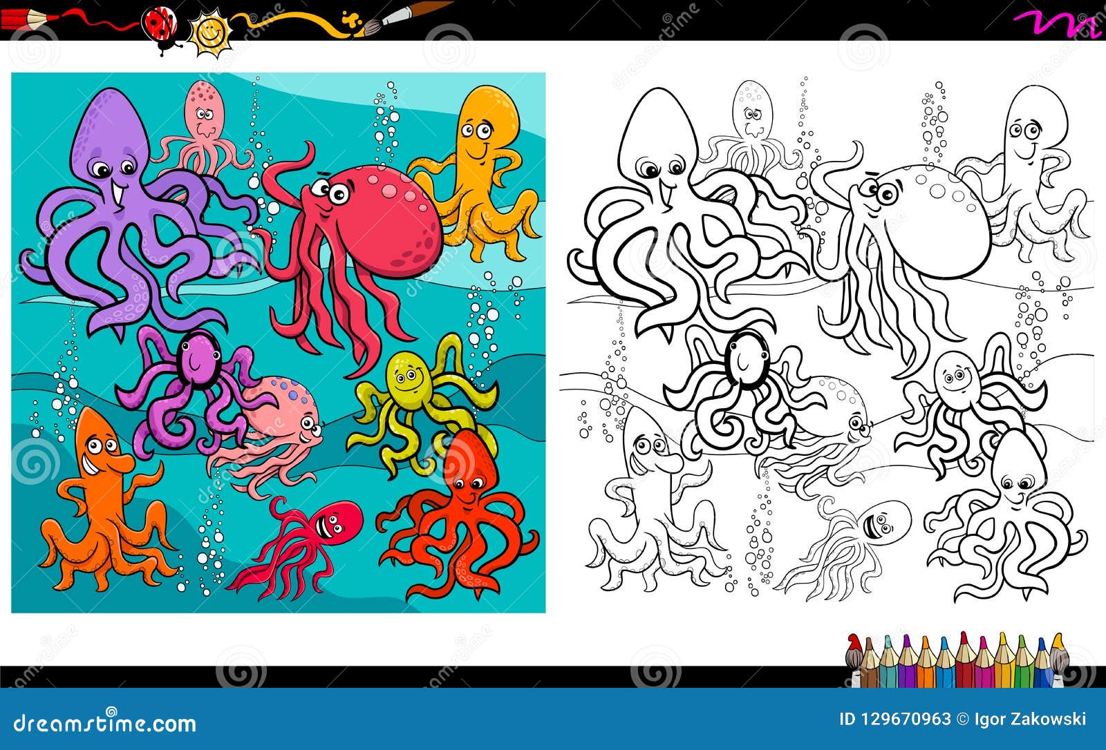 Octopus Animal Characters Coloring Book Stock Vector - Illustration of ...