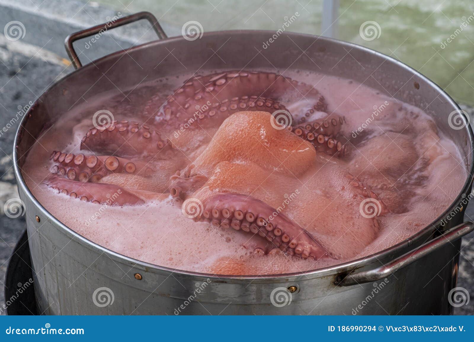 octopus cooked in the pot, traditional recipe of pulpo a feira. galicia, spain.