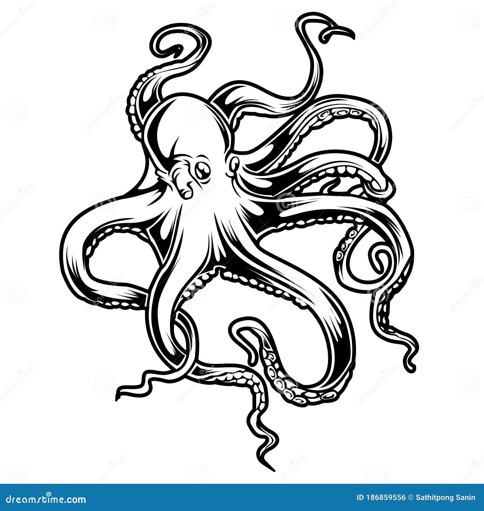 Octopus Drawing black stock vector. Illustration of sailor - 186859556