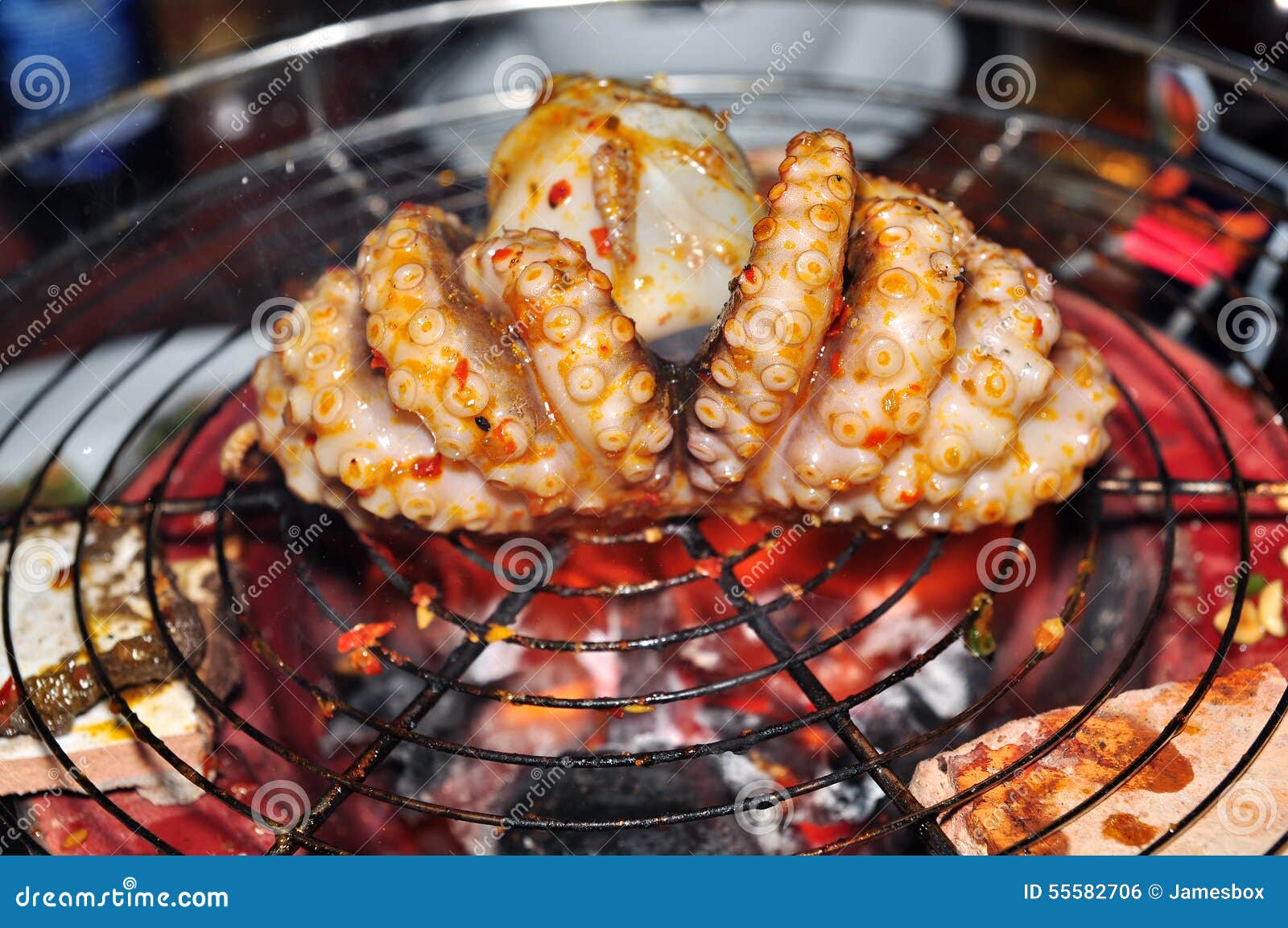 Octopus on the grill stock photo. Image of lunch, clams 55582706