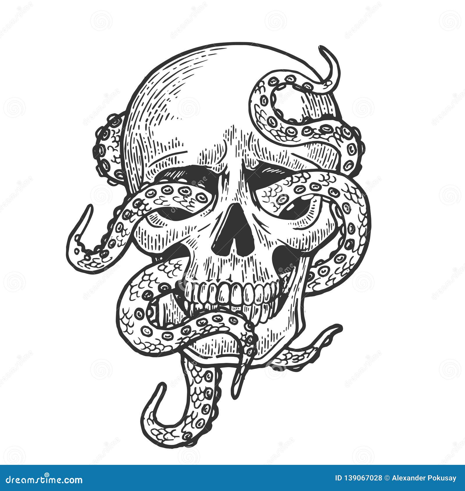 pix Skull With Octopus Tentacles Drawing https www dreamstime com octopus human skull vector illustration engraving scratch board style imitation black white hand drawn image image139067028