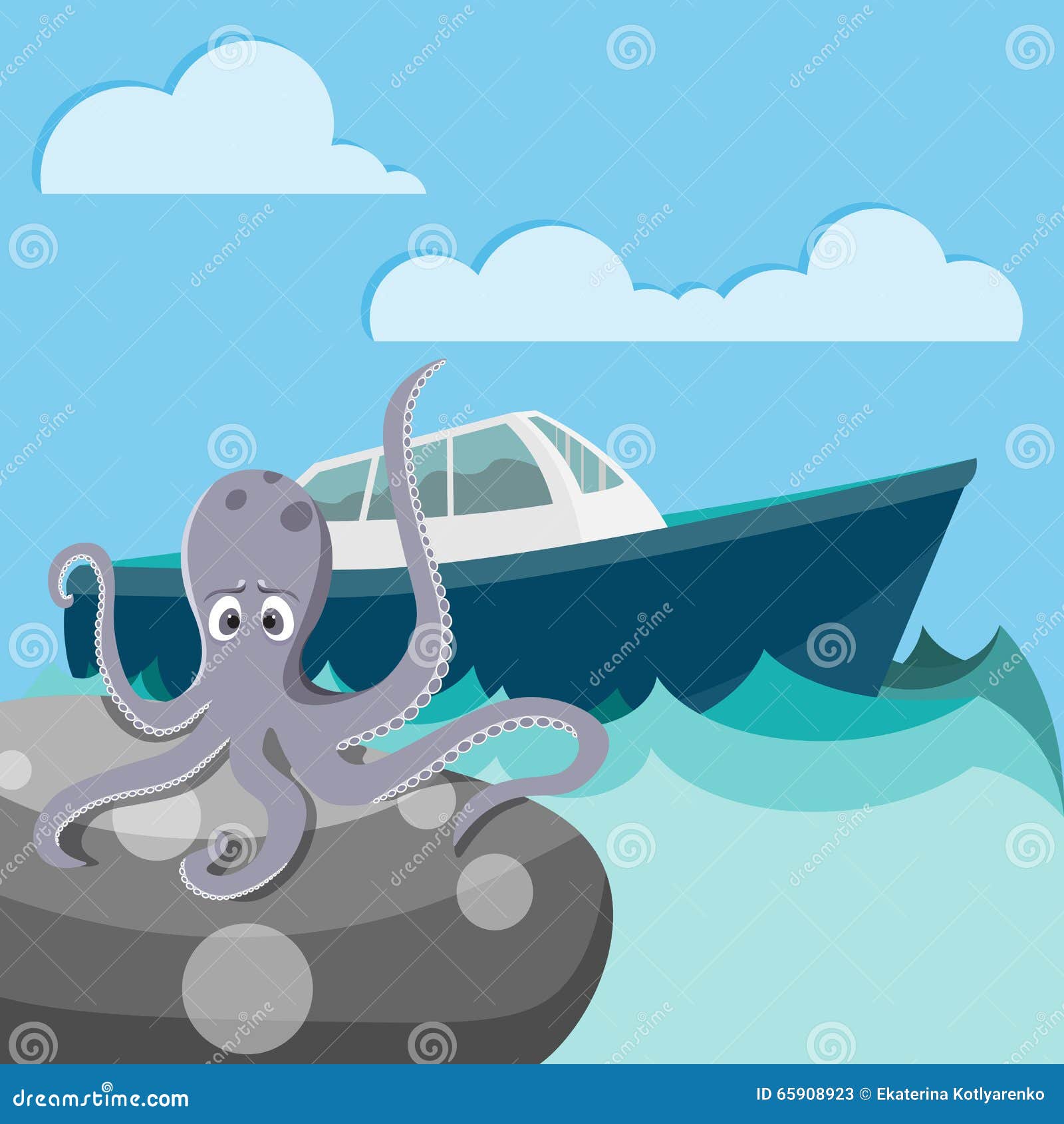 Octopus in the Sea Waiting for a Boat Stock Vector Illustration of