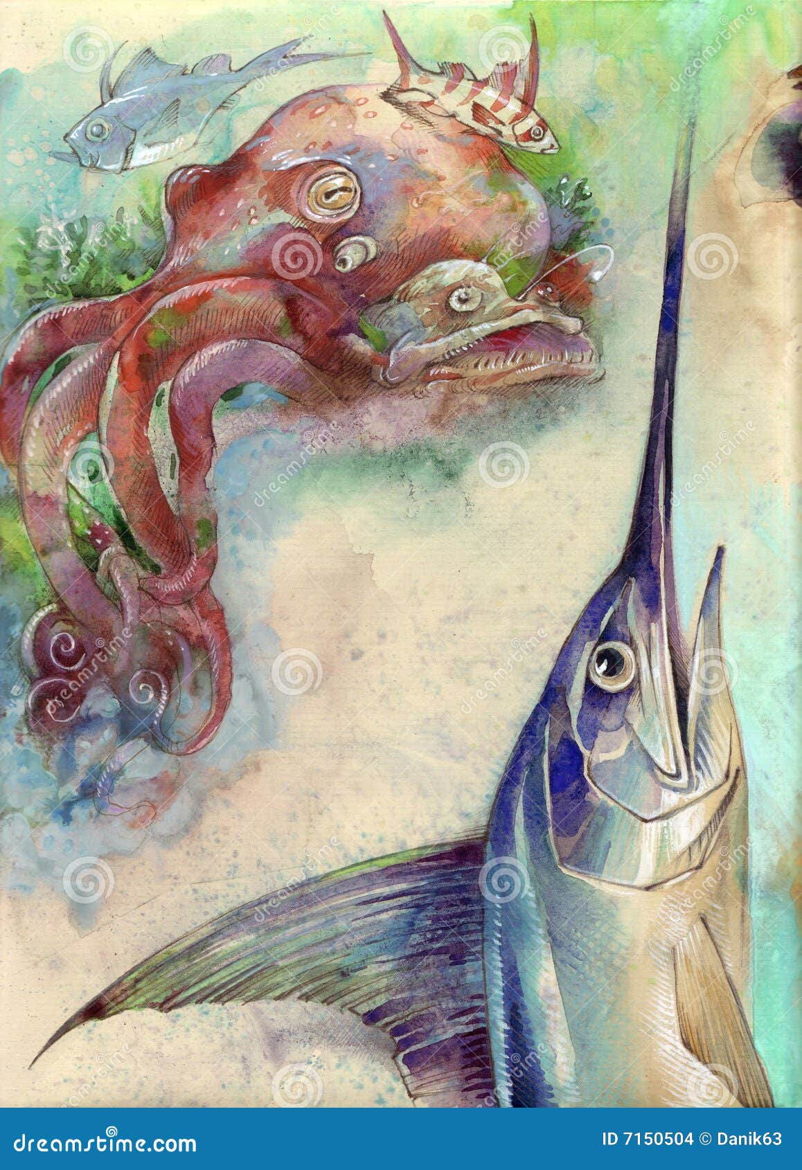 Octopus and swordfish stock illustration. Illustration of ocean 7150504