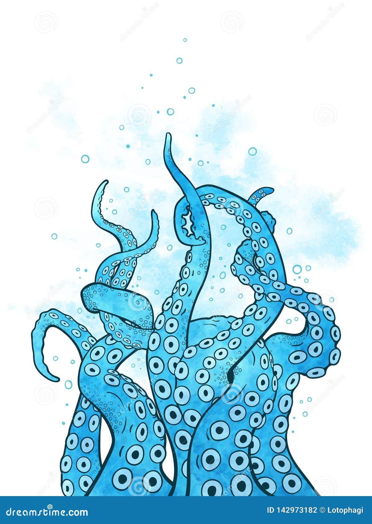 octopus tentacles curl and intertwined hand drawn line art with blue watercolor s background or print  vetor