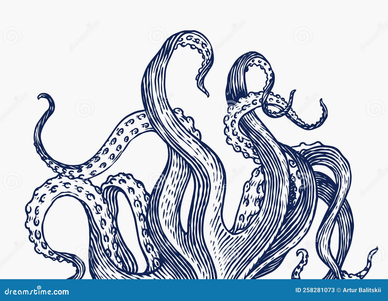 octopus tentacles. engraved hand drawn in old sketch, vintage creature. nautical or marine, monster. animal in the ocean