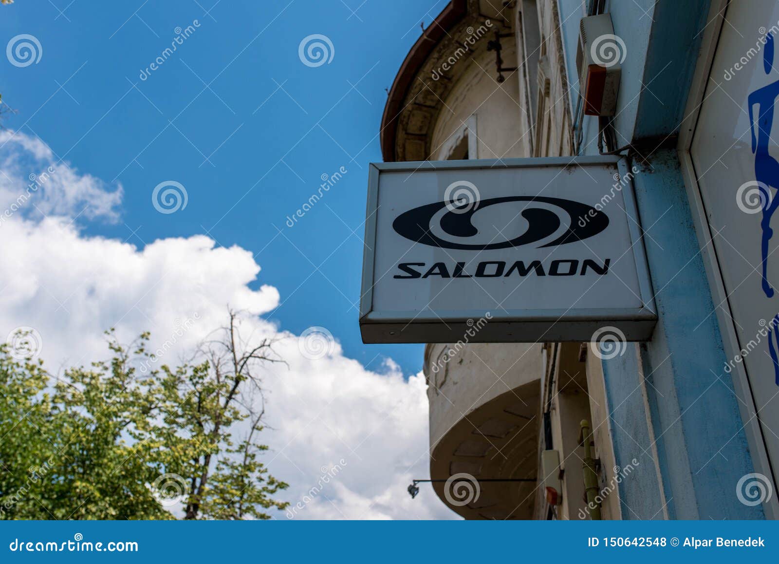 Salomon Business Logo on the Street, Blue Sky with White Clouds Background.  Editorial Stock Photo - Image of famous, june: 150642548